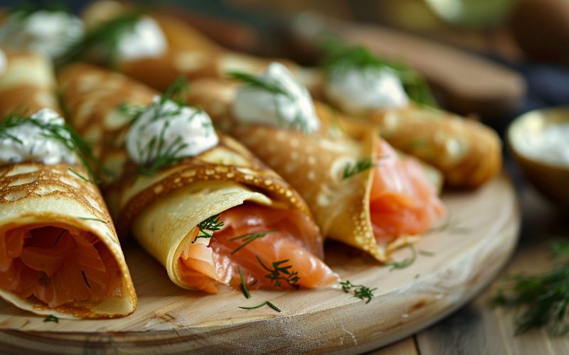 Rollitos de crêpe con salmón ahumado